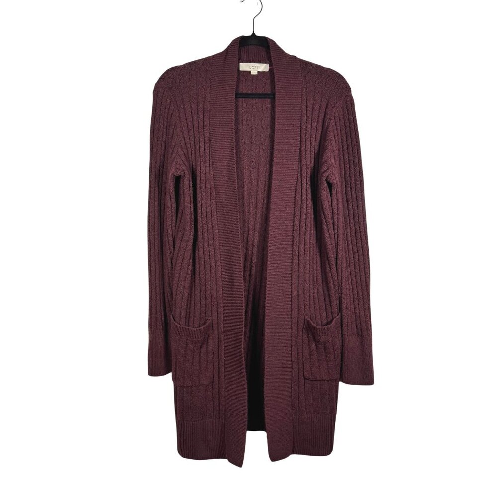 Loft Womens Plum Open-Front Cardigan Sweater Textured Ribbed Knit Size Small
